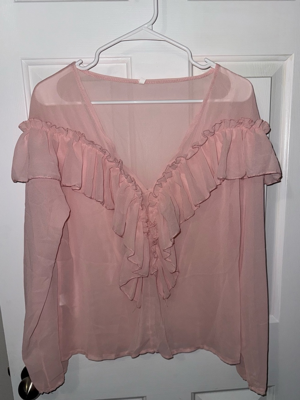 Sheer Ruffle V-Neck Blouse in Soft Pink